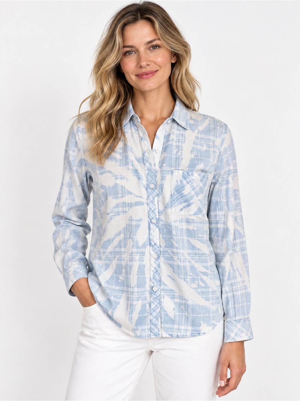 Rails Hunter Indigo Bleached Swirl Plaid Button Down Shirt XS Tencel Lyocell Top